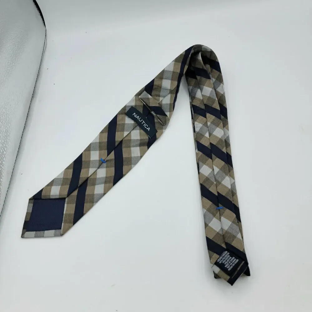 Nautica Tan Blue Geometric Polyester Necktie Men's Size 57 x 3